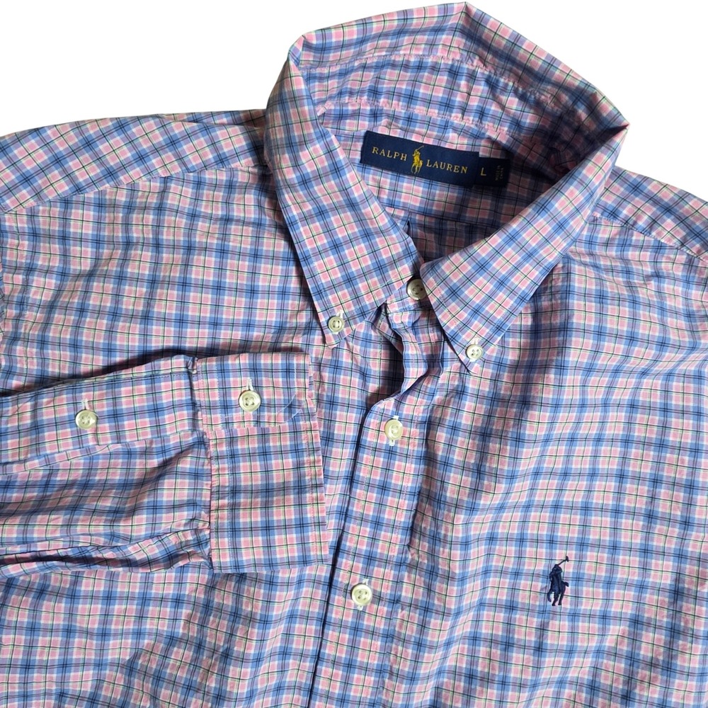 Ralph Lauren Button‎ Down Shirt Mens Large Pink Blue Plaid Cotton RN 41381